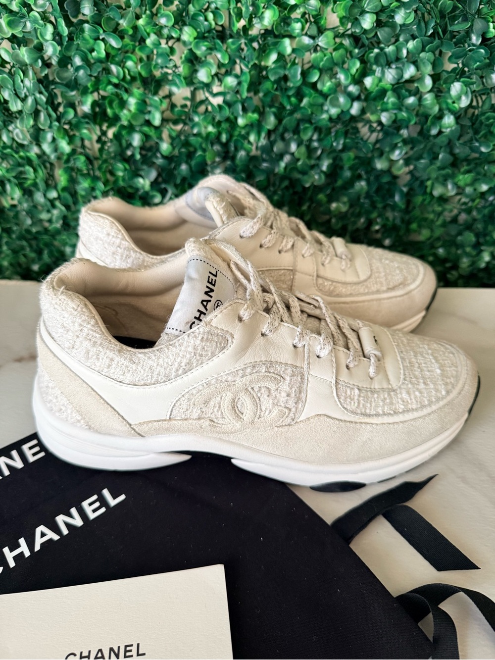 CHANEL White & Tweed CC Logo Trainer Sneakers Size 39 - Picture 4 of 14